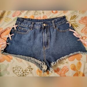 ROMWE Blue Jean Shorts with Pink Lace-Up